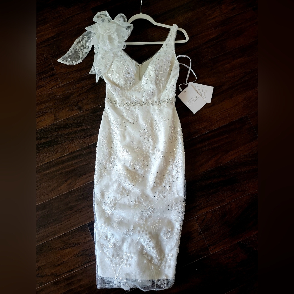 Mac Duggal 79337 Beaded Embroidered Sequin Lace Sleeveless Midi Dress Ivory‎ 2